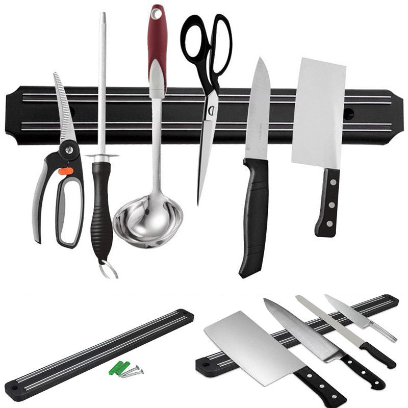 Epic Expedition Magnetic Kitchen Shelf Knife Holder shown empty, with knives and mounted with knives and accessories hanging from it