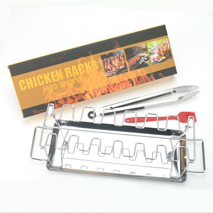 Trailblazer BBQ Rack 14-Slot Stainless Steel Masterpiece product box, basting brush, tongs, and rack